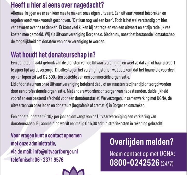 Donateur worden van Uitvaartvereniging Borger eo.